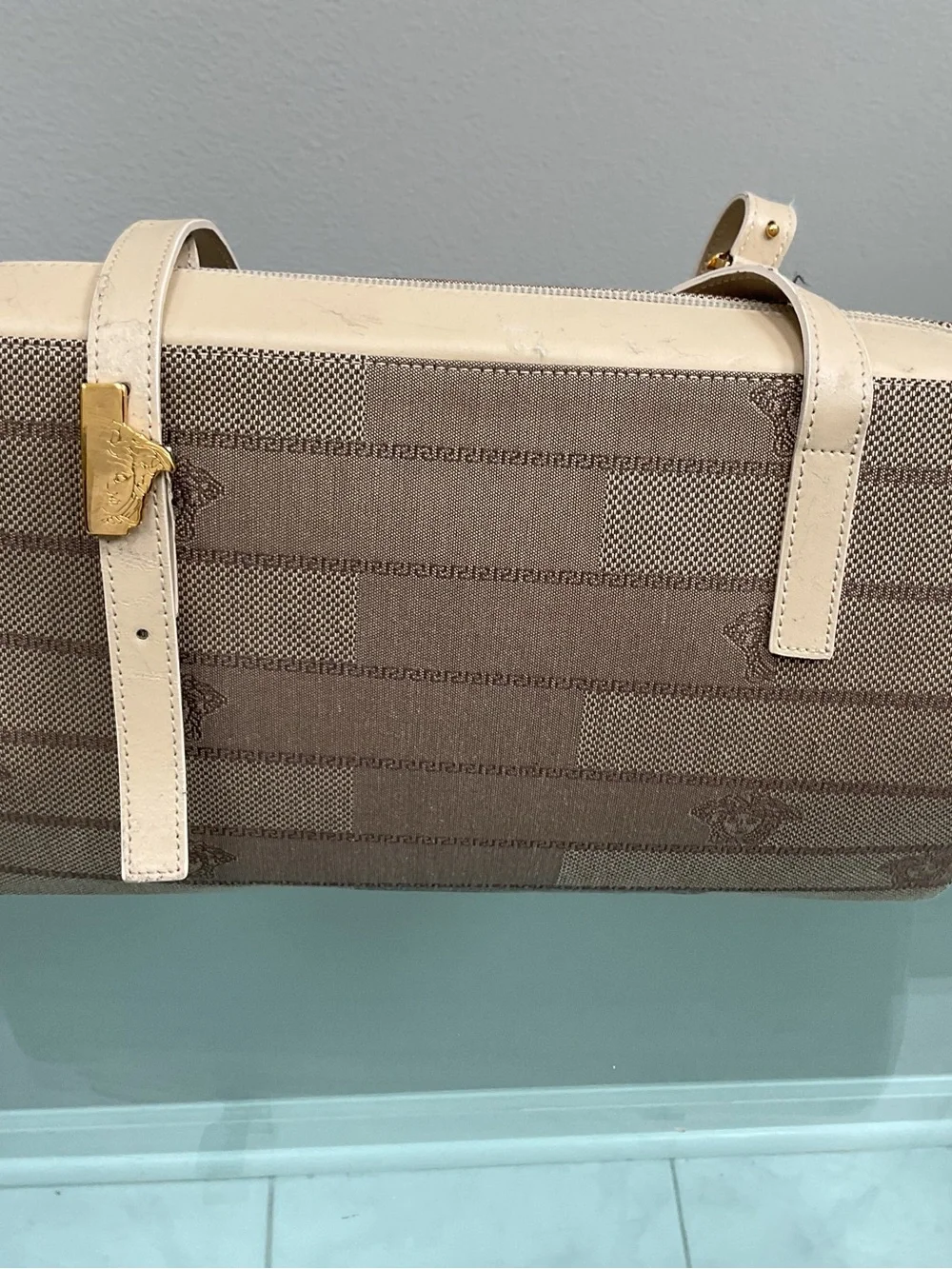 Versace Beige Canvas Messenger Bag with Leather Trim